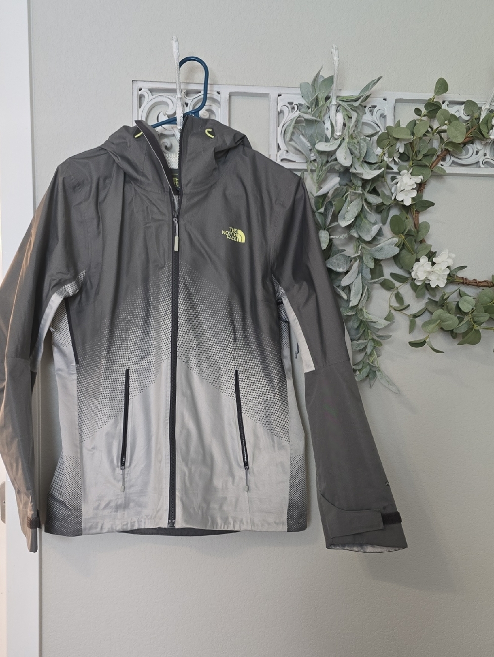 The North Face Gray Ombre Hooded Shell with Neon Yellow Logo